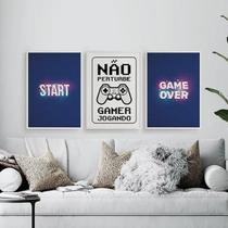 Kit Quadros Gamer Start Game Over 45X34Cm Com Vidro 3 Peças