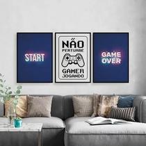 Kit Quadros Gamer Start Game Over 45X34Cm Com Vidro 3 Peças