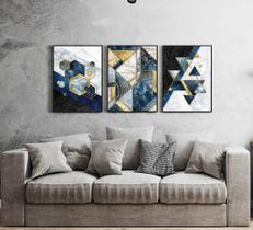 Kit Quadros Geométricos Azul Abstrato Decorativo Moldura
