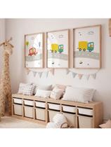 Kit Quadros Infantil Animais Carro Caminhão Fofo Decoração Quarto Infantil 3 Peças