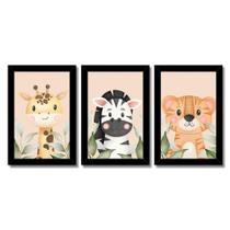 Kit Quadros Infantil Safari Aquarela 20X30 3 Peças Titulo Moldura Preta
