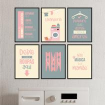 Kit Quadros Lavanderia Roupa Suja Rosa Cinza Regras 6 Peças