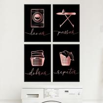 Kit Quadros Lavanderia Roupas Área Serviço Rose Gold 4 Peças