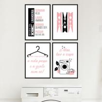 Kit Quadros Lavanderia Roupas Regras Rosa Decoração 4 Peças Kit Quadros Lavanderia Roupas Regras Rosa Decoração 4 Peças