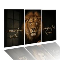 Kit Quadros Leão 122x60cm Nunca Foi Sorte Mdf Decorativo Sala Quarto Escrtitório