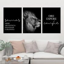 Kit Quadros Leão Judá Sala Decoração Preto 3 Peças 28x40cm