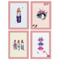 Kit Quadros Maquiagem Moldura Rosa 4un 22x32cm Kit Quadros Maquiagem Moldura Rosa 4un 22x32cm