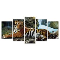Kit Quadros Mosaico Cachoeira Felino Verde Listras Tigre Relax Pedras