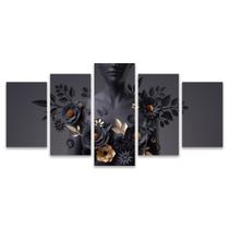 Kit Quadros Mosaico Corpo Mulher Sala Preto Efeito Dourado Rosa Flores