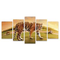 Kit Quadros Mosaico Pôr Felino Sol Campo Tigres Verde