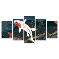 Kit Quadros Mosaico Vermelho Azul Carpas Dourado Peixe Sala