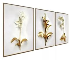 kit quadros Parede Floral Branco Dourado Ouro Gold"