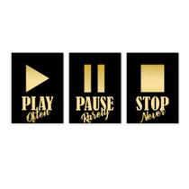 Kit Quadros Play Pause Stop com Detalhes em Acrílico Dourado Premium