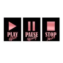 Kit Quadros Play Pause Stop com Detalhes em Acrílico Rose Premium
