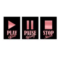 Kit Quadros Play Pause Stop com Detalhes em Acrílico Rose Premium - Papel e Parede