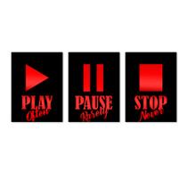 Kit Quadros Play Pause Stop com Detalhes em Acrílico Vermelho Premium