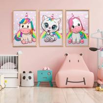 Kit Quadros Quarto Infantil Mosaico Gatinho Unicornio Lindos