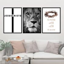 Kit Quadros Sala Cruz Leão Coroa Decoração 3 Peças 28x40cm