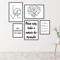 Kit Quadros Sala Love Coração Felicidade Decoração 5 Peças