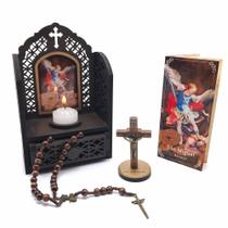 Kit Quaresma de São Miguel Arcanjo - Oratório Com Gaveta, Vela, Crucifixo e Terço Com Folheto