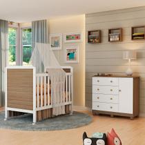 Kit Quarto Bebê Infantil Conjunto MDF Berço Americano Cômoda 1 Porta 4 Gavetas Marrom Madeira Branco