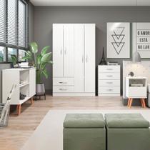 Kit Quarto Completo Guarda Roupa Cômoda Rack e Mesa Lateral com 4Pçs em MDP Branco Menu Móveis Kit Quarto Completo Guarda Roupa Cômoda Rack e Mesa Lateral com 4Pçs em MDP Branco Menu Móveis