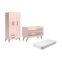 Kit Quarto de Bebe Retro Berço e Guarda Roupa Marbella Rosa com Colchao