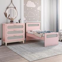 kit quarto de criança comoda com cama infantil Isa com detalhe moderna em palha indiana cor Rosa
