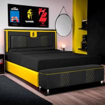 Kit Quarto Gamer Baú e Painel Fighter USB 140cm Cama Casal