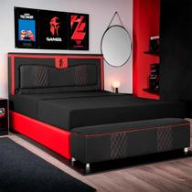 Kit Quarto Gamer Baú e Painel Fighter USB 140cm Cama De Casal