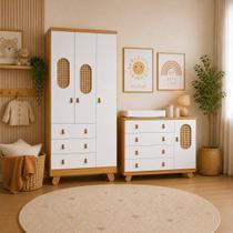 Kit Quarto Guarda Roupa c/ Cômoda Pingo Tela Branco Amêndoa