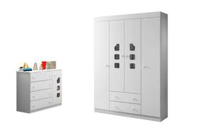 Kit Quarto Infantil Bebê Livia Cômoda 4 Gavetas E Guarda Roupa 4 Portas 2 Gavetas Com Detalhe Branco - Phoenix Baby