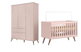 Kit Quarto Infantil Bebê Melinda Com Pés Guarda Roupa 3 Portas 2 Gavetas Berço Mini Cama Rosê - Phoenix Baby