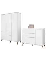 Kit Quarto Infantil Bebê Melinda Retrô Com Pés Cômoda 3 Gavetas E Guarda Roupa 3 Portas 2 Gavetas Branco - Phoenix Baby
