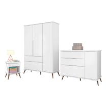 Kit Quarto Infantil Bebê Melinda Retrô Com Pés Cômoda Guarda Roupa 3 Portas e Mesa de Apoio Branco - Phoenix Baby