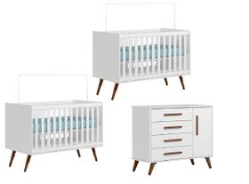 Kit Quarto Infantil Bebê Para Gemêos Com 2 Berço E Cômoda Plus Leartam Branco Acetinado