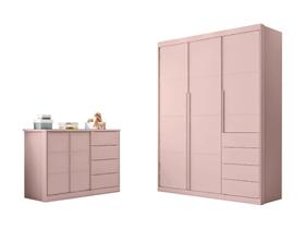 Kit Quarto Infantil Bebê Pérola Cômoda 4 Gavetas 2 Portas E Guarda Roupa 3 Portas 4 Gavetas Rosa - Phoenix Baby