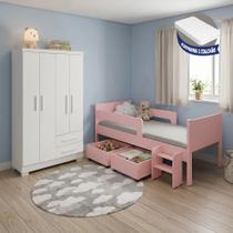Kit Quarto Infantil Cama Luna Plus Rosa + Colchão + Guarda-roupa Paris 4 Portas Branco Kit Quarto Infantil Cama Luna Plus Rosa + Colchão + Guarda-roupa Paris 4 Portas Branco