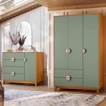 Kit Quarto Infantil Ipe Guarda Roupa 3 Portas 2 Gavetas Comoda 1 Porta 4 Gavetas Cinamomo/Salvia