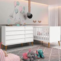 Kit Quarto Infantil Noah com Pés Retrô Mel - Berço Mini Cama + Cômoda 4 Gavetas e 1 Porta - Branco Fosco