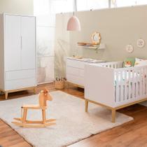 Kit Quarto Infantil Theo com Pés Square Natural - Berço + Cômoda 6 Gavetas + Guarda-Roupa 2 Portas - Branco
