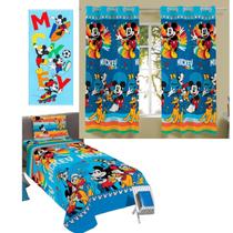 Kit Quarto Mickey Mouse Completo Jogo De Cama, Cortina E Toalha