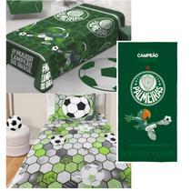Kit Quarto Palmeiras Manta e Toalha com Jogo de Cama Futebol