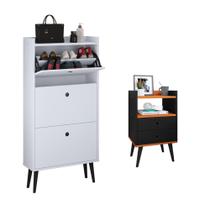 Kit Quarto Sapateira Vertical 3 Gavetas Basculantes Dark Branco e Mesinha Lateral Pequena Nicho Organizador Dream Preto/Cinamomo RPM Kit Quarto Sapateira Vertical 3 Gavetas Basculantes Dark Branco e Mesinha Lateral Pequena Nicho Organizador Dream Preto/Cinamomo RPM