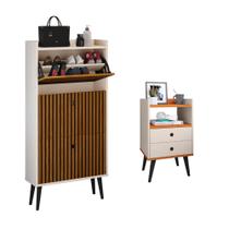 Kit Quarto Sapateira Vertical 3 Gavetas Basculantes Dark Off White/Ripado e Mesinha Lateral Pequena Nicho Organizador Dream Off White/Cinamomo RPM