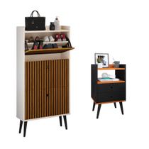 Kit Quarto Sapateira Vertical 3 Gavetas Basculantes Dark Off White/Ripado e Mesinha Lateral Pequena Nicho Organizador Dream Preto/Cinamomo RPM