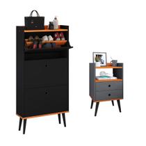 Kit Quarto Sapateira Vertical 3 Gavetas Basculantes Dark Preto/Cinamomo e Mesinha Lateral Pequena com Nicho Organizador Dream Cinza/Cinamomo RPM
