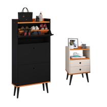 Kit Quarto Sapateira Vertical 3 Gavetas Basculantes Dark Preto/Cinamomo e Mesinha Lateral Pequena com Nicho Organizador Dream Off White/Cinamomo RPM