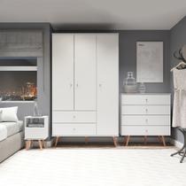 Kit Quarto Solteiro Retrô com Guarda-Roupa Cômoda Mesa Branco