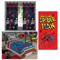 Kit Quarto Spider Man Completo Jogo De Cama, Cortina E Toalha